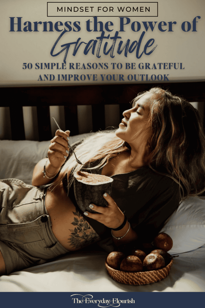 Woman leaning back on a bed, softly smiling while enjoying a half watermelon, paired with the text overlay: "Harness the Power of Gratitude - 50 Simple Reasons to Be Grateful and Improve Your Outlook," inspiring appreciation for life's small pleasures.